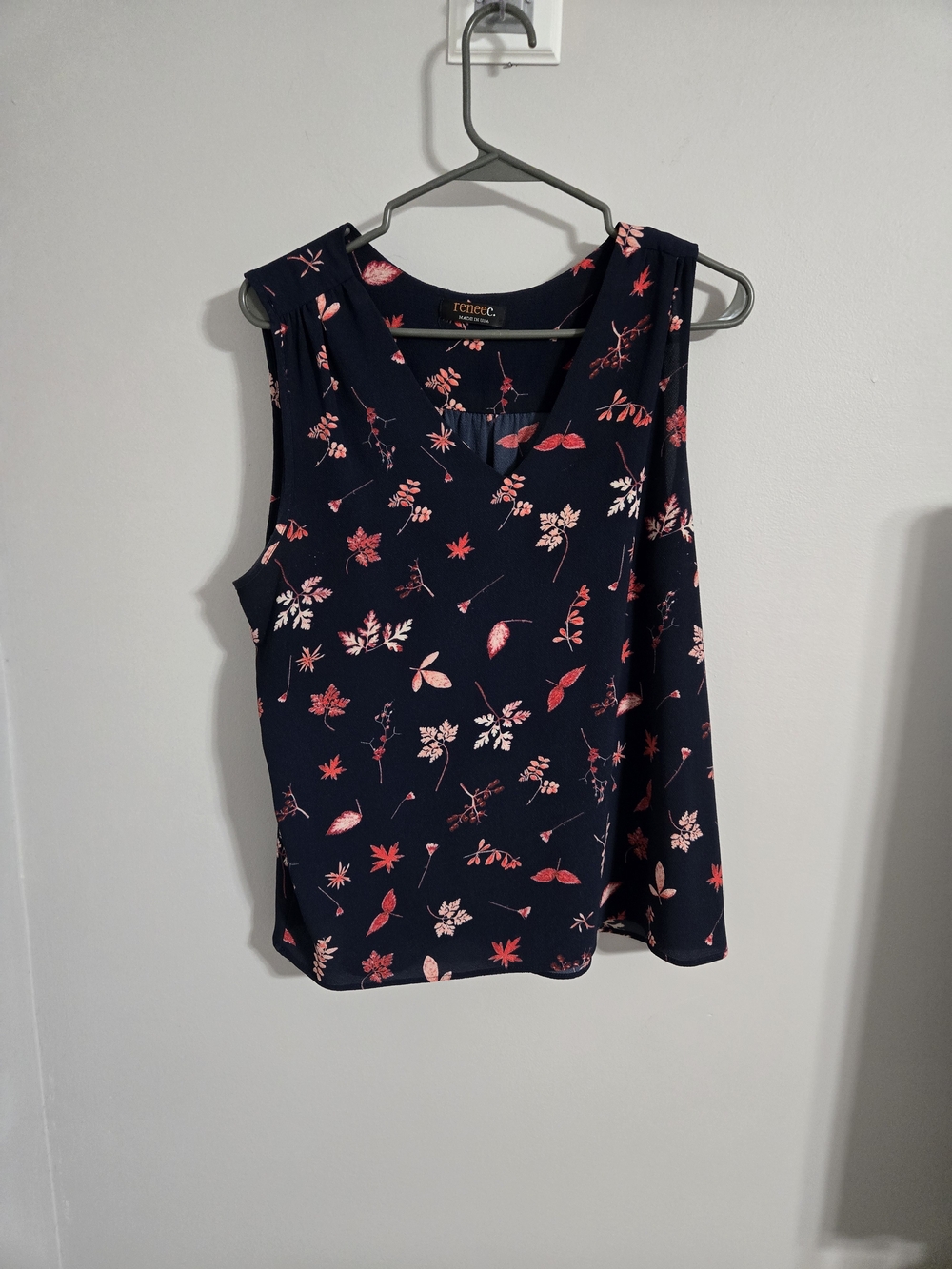 Renee C. Navy Sleeveless V-Neck Top with Pink Floral Print